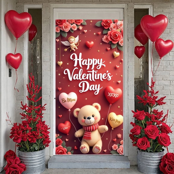 Red Theme Valentine's Day Banner Rose Decor Love Display Heart Balloon Cupid Design Heart Backdrop for Valentine's Party Romantic Date Couple Celebration