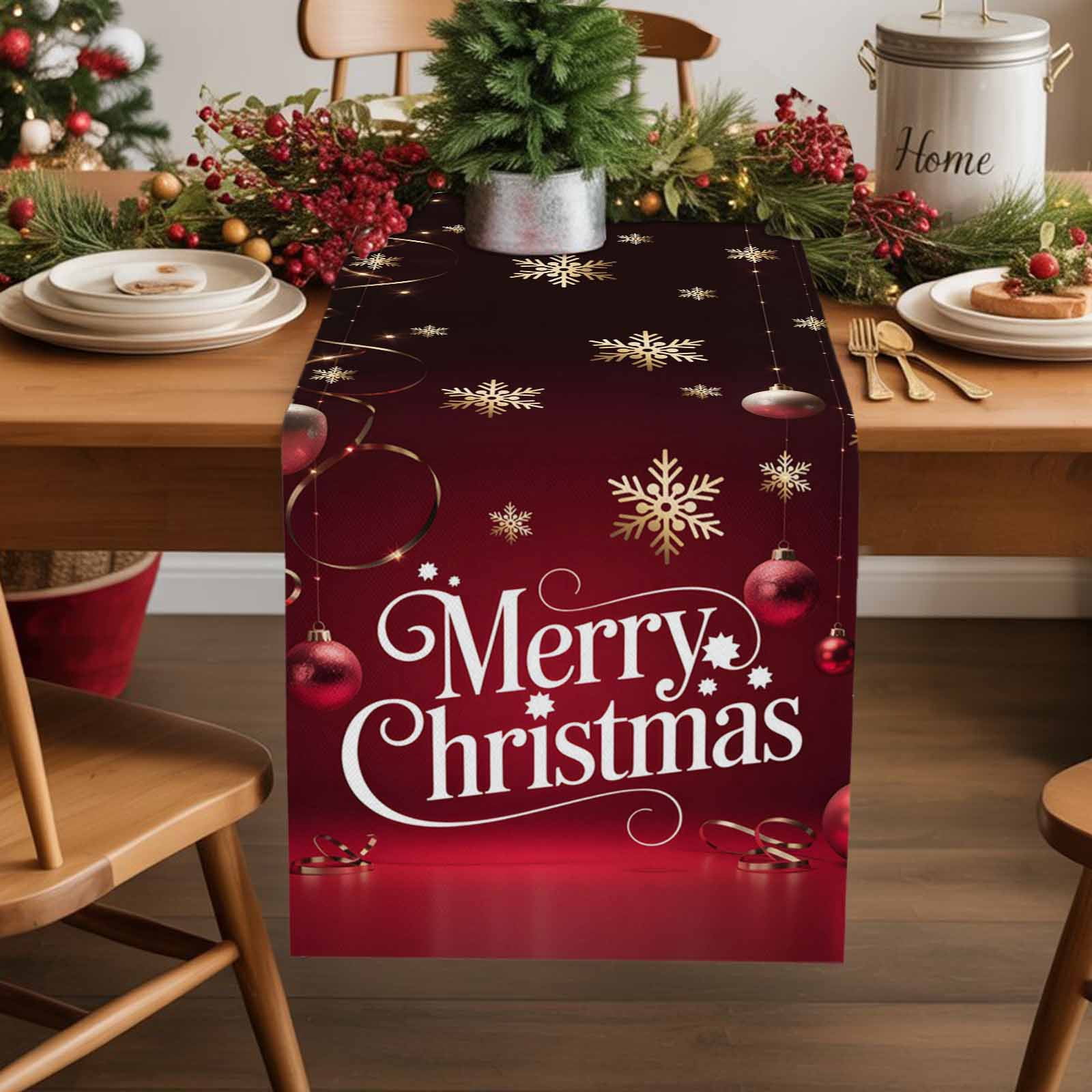 Red Theme Xmas Ball Table Runner 13x90 Inch Starry Merry Christmas Gold Snowflakes Table Runners Dresser Scarves Winter Holiday Kitchen Dining Table Decoration for Home Party Indoor