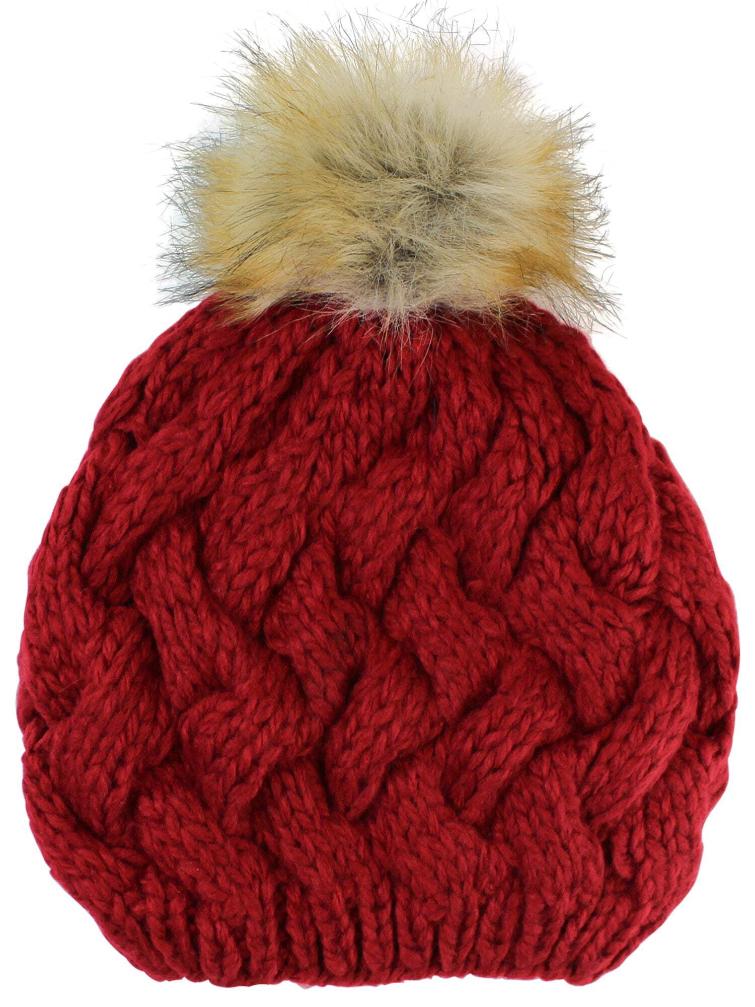 Chic Red Knit Beret with Fur Pompom SOMALER Winter berets for women with real fox fur Pompom  main image 3
