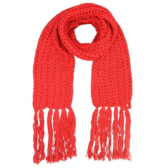 Red Thick Knit Long Winter Scarf With Fringe