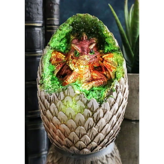 Red Thinker Baby Dragon In Faux Crystal Geode Scaly Egg LED Night Light Figurine