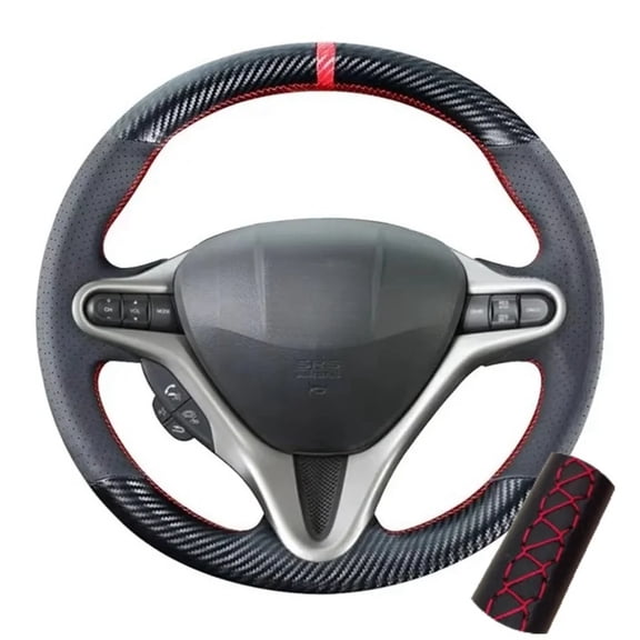 Red Thread Carbon Fiber Steering Wheel Cover for Honda Civic 8 2005-2011 Old Civic Type R 2004-2011 (3-Spoke) Leather Interior Accessories