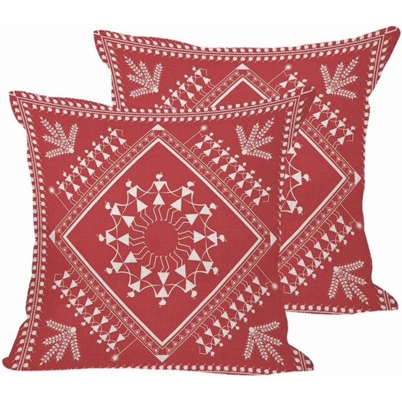 Red Throw Pillow Covers Set of 2 Warli Tribal Art Painting Throw Pillow Covers Couch Square Pillowcases Cushion for Living Room Bedroom Sofa 18x18 Inch