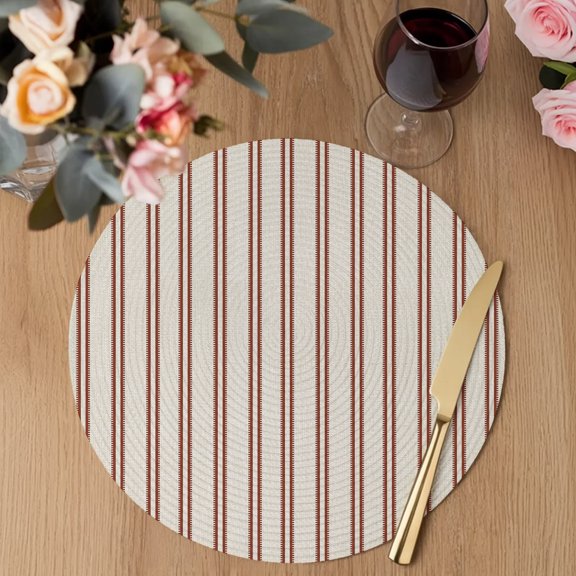 Red Ticking Stripe Round Braided Placemats Set of 1, Minimalist Vertical Lines Khaki Heat Insulation Place Mats Washable Non-Slip Table Mats for Kitchen Dining Party, 13 Inches