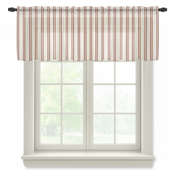 Red Ticking Stripe Sheer Valances for Windows, Minimalist Vertical Lines Khaki Semi Sheer Kitchen Valance Rod Pocket Small Voile Window Curtains for Living Room Bedroom 42 x 12 Inch