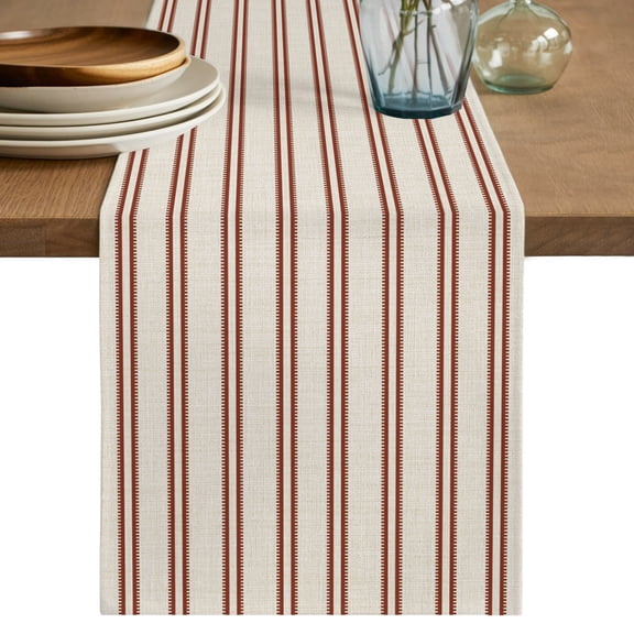 Red Ticking Stripe Table Runner, Minimalist Vertical Lines Khaki Cotton Linen Table Cloth, Tablerunner for Kitchen Dining Party Wedding Home Decor 13x36 Inch
