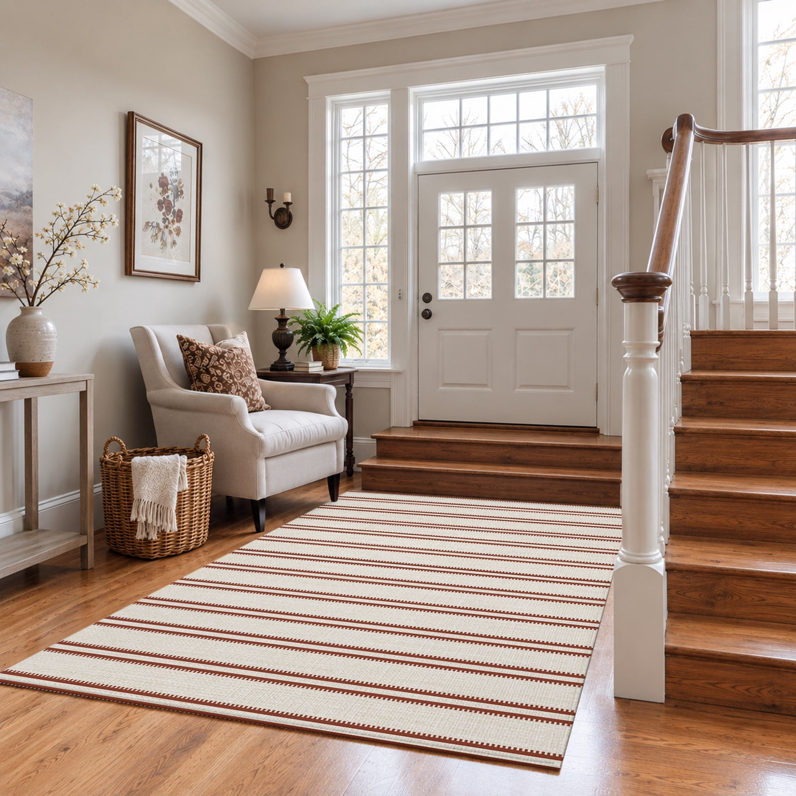 Red Ticking Stripe Washable Area Rug 3'x5', Minimalist Vertical Lines ...