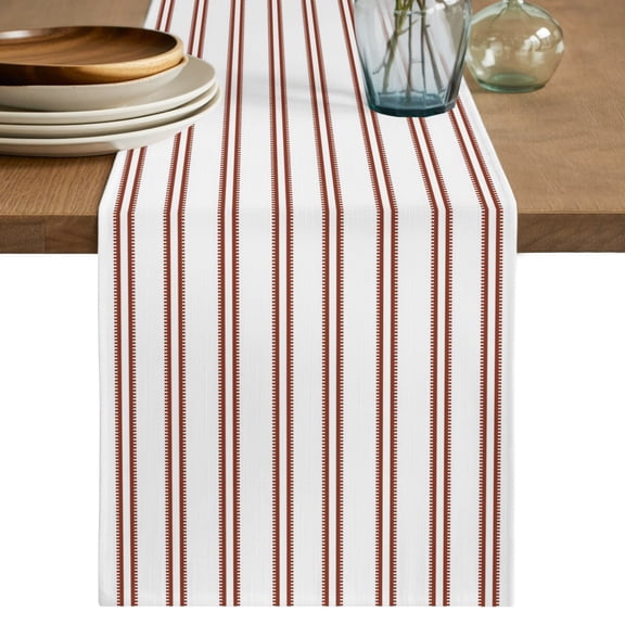 Red Ticking Stripes Table Runner, Minimalist Vertical Lines White Cotton Linen Table Cloth, Tablerunner for Kitchen Dining Party Wedding Home Decor 13x90 Inch