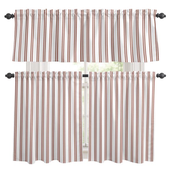 Red Ticking Stripes Window Curtains Valance Set of 3 Minimalist Vertical Lines White Rod Pocket Small Kitchen Curtain, Soft Window Treatment for Bedroom Party Holiday Decor