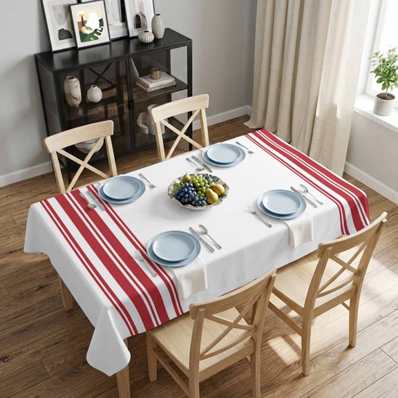 Red Ticking Vertically Stripe Rectangle Tablecloth 52x70 Inch Simple Style White Waterproof Polyester Tablecloth for Dining Table, Washable Table Cover for Kitchen Dining Room Wedding,Stain Resistant
