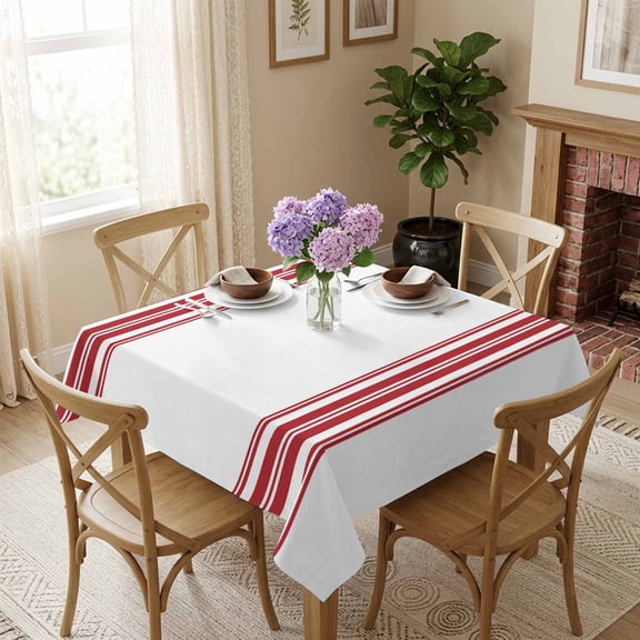 Red Ticking Vertically Stripe Square Tablecloth 54x54 Inch Simple Style White Waterproof Polyester Tablecloth for Dining Table, Washable Table Cover for Kitchen Dining Room Wedding,Stain Resistant