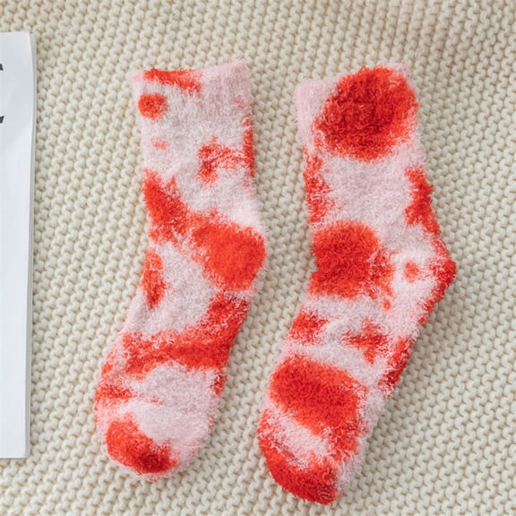 Red Tie Dye Fuzzy Socks for Women - Ultra Soft & Cozy Fluffy Crew Socks, Warm Plush Lounge House Socks One Size,Size Free Size