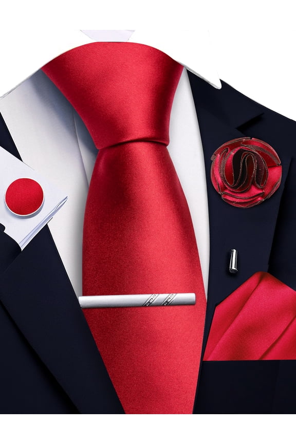 Red Tie Set for Men Silk Satin Necktie and Pocket Square Cufflinks Tie Clip Lapel Pin Set Wedding Business 5PCS