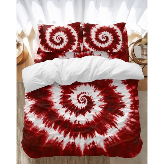 Red Tie-dye Bedding Duvet Cover Set Queen Size 4 Pieces Chinese Style Abstract Ethnic Spiral Watercolor Bedding Set with Zipper Closure, 1 Comforter Cover 90x90 Inches 1 Flat Sheet & 2 Pillow Cases