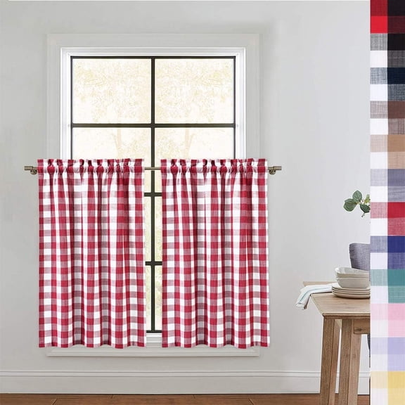 Red Tier Curtains - Buffalo Plaid Gingham Rod Pocket Half Window Cafe Curtains for Kitchen & Bathroom, 36 Inches