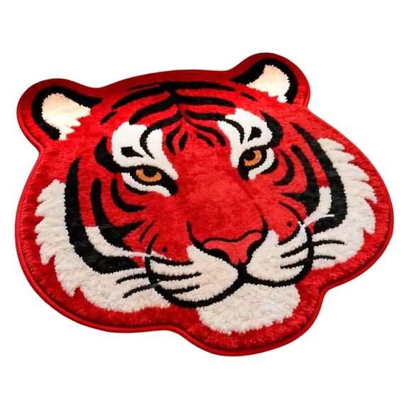 Red Tiger Head Plush Mat, Faux Lambswool Rug for Playroom, Vibrant Animal Shape Carpet