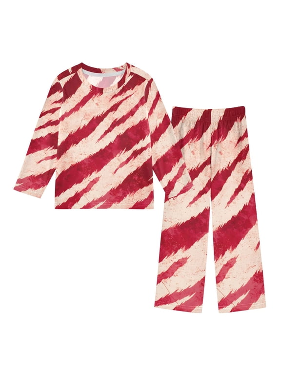 Red Tiger Pattern Pajama Set Soft Warm Cozy Fleece 2 Piece Fall Winter Sleepwear Loungewear 9-10Y