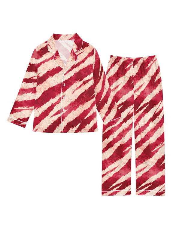 Red Tiger Pattern Satin Pajama Set Soft Breathable Button Down 2 Piece Pjs Sleepwear Lounge Daily Small