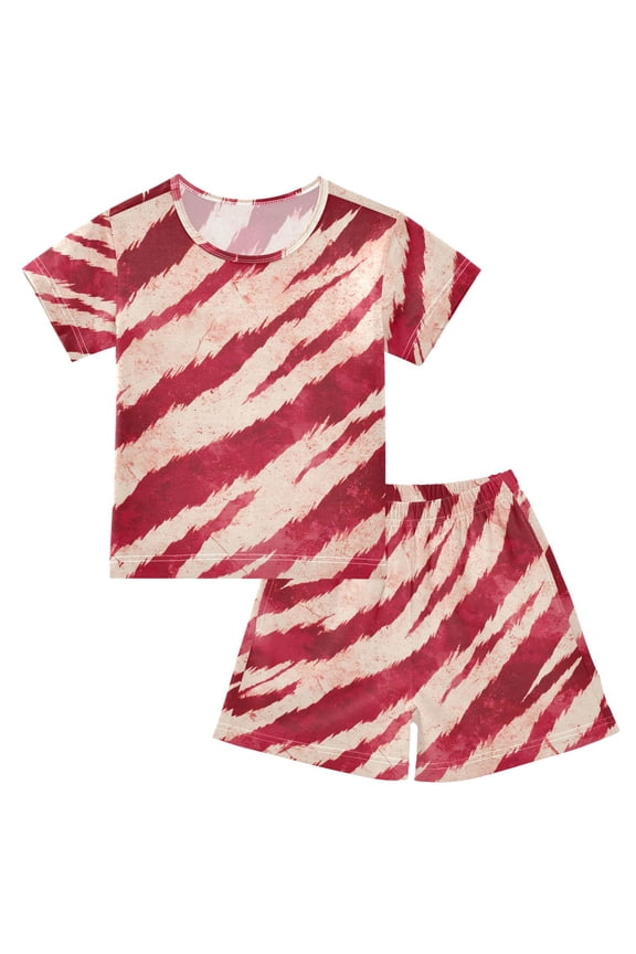 Red Tiger Pattern Summer Pajama Set Soft Cotton Short Sleeve Sleepwear 2PCS Pajama Sets Breathable Lounge Set Size 10Y