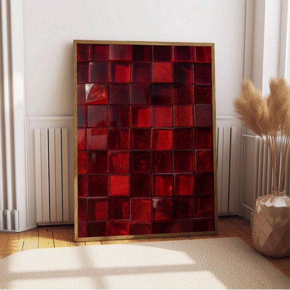 Red Tile Print Bold Crimson Glossy Ceramic Grid Wall Art Deep Ruby Glass Tile Poster Maximalist Red Abstract Decor Bold Colour Art Print