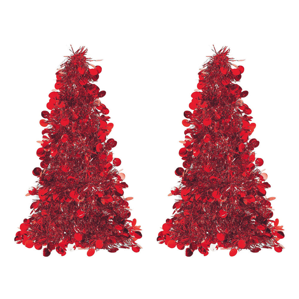 Red Tinsel Christmas Tree Table Centerpiece 10in. Quantity of 2