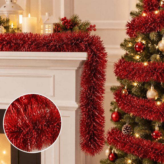 Red Tinsel Garland Christmas Foil Tinsel Garland Decoration Metallic Hanging Streamers for Halloween Christmas Tree Birthday Party New Year Decorations (3.54" x 100', Red)