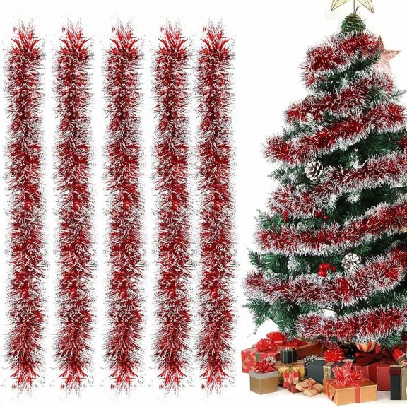 Red Tinsel Garlands, Set of 5 Garlands, Metallic Tinsel Garlands, Fir Tree Garland