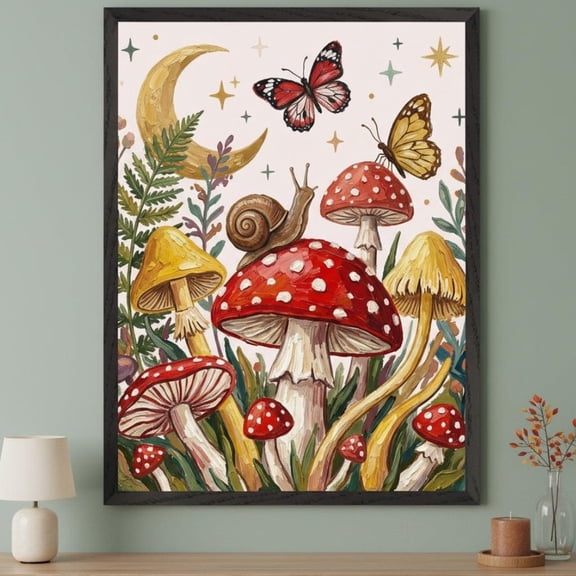 Red Toadstools Vibrant Forest Wall Art Whimsical Snail Moon Stars Decor Unframed Paper Poster 8x10in