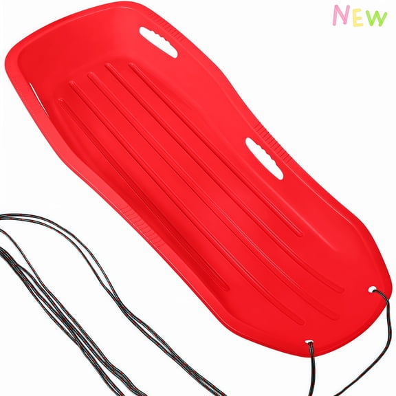 Red Toboggan Sled, 4FT Heavy-Duty Snow Sled with Built-in Handles and Tow Rope for Family Winter Fun