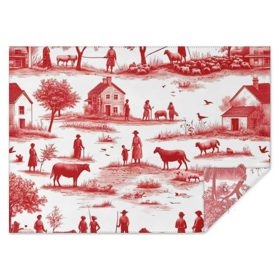 Red Toile Pattern Sheep Herders Dogs Houses Rectangle Tablecloth 60"x84",Waterproof Polyester Rectangle Table Cloth, Wipeable Spillproof Polyester Tablecloth for Dining, Camping, Indoor and Outdoor