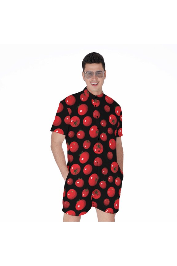 Red Tomato Pattern Short Sleeve Men'S Rompers Casual Summer Jumpsuits Outfit