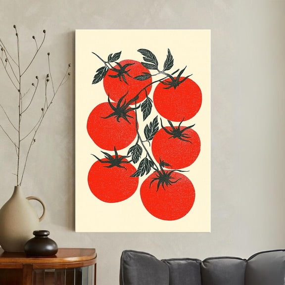 Red Tomato Vine Wall Art, Retro Botanical Kitchen Decor, Farmhouse Vegetable Print, Rustic Garden Illustration, Foodie, Unframed Canvas 12x16in