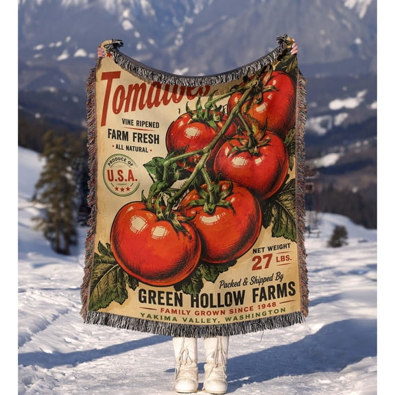 Red Tomato Vine and Farm Produce Label Woven Blanket, 100% Cotton, Vintage Farmhouse Kitchen Decor