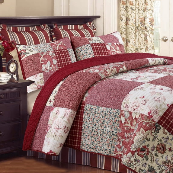 Red Tones Patchwork Quilt Set 3Pcs Bedding Set Bedroom Bed 100% Cotton King Size