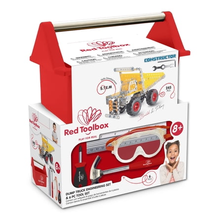 Red Toolbox Kids 5pc Tool Set with Dump Truck Engineering Kit, Includes Hand Tools, Toolbox, and Kit