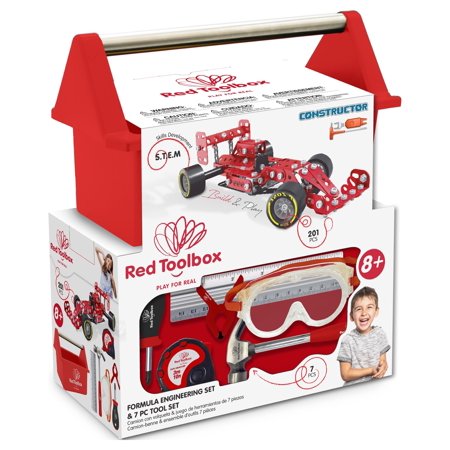 Red Toolbox Kids 7pc Tool Set and Car Engineering Kit, Includes Hand Tools, Toolbox, and Kit
