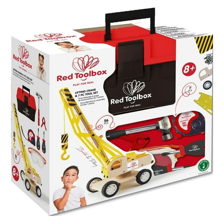 Red Toolbox Kids 7pc Tool Set and Yellow Lifting Crane Kit, Includes Hand Tools, Toolbox, and Kit