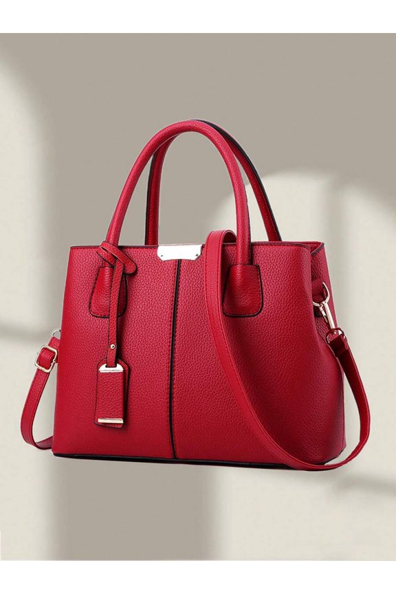 Red Top Handle Tote Handbag With Adjustable Shoulder Strap And Pebbled