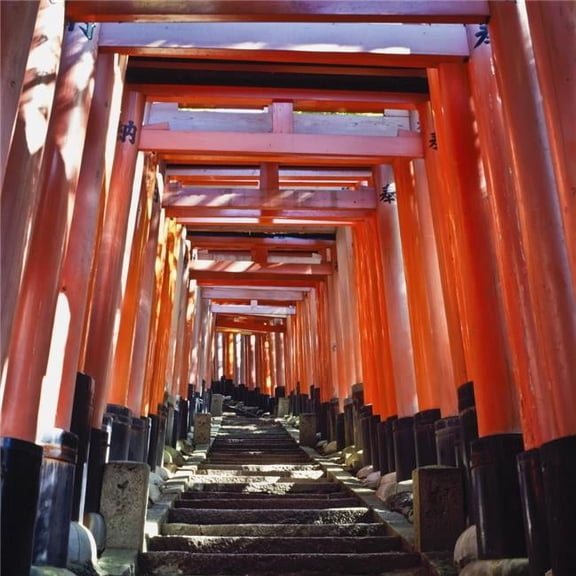 Red Torii Arches Over Steps At Inari Temple Poster Print - 15 x 15
