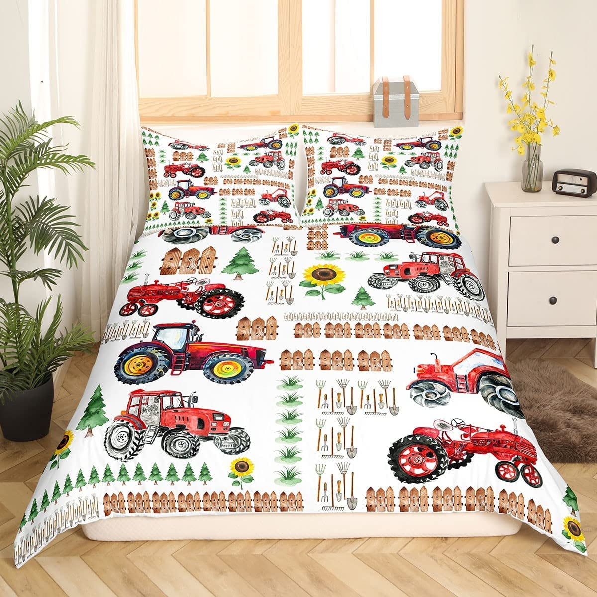 Red Tractor Duvet Cover Full Farm Construction Tractor Bedding Sets For