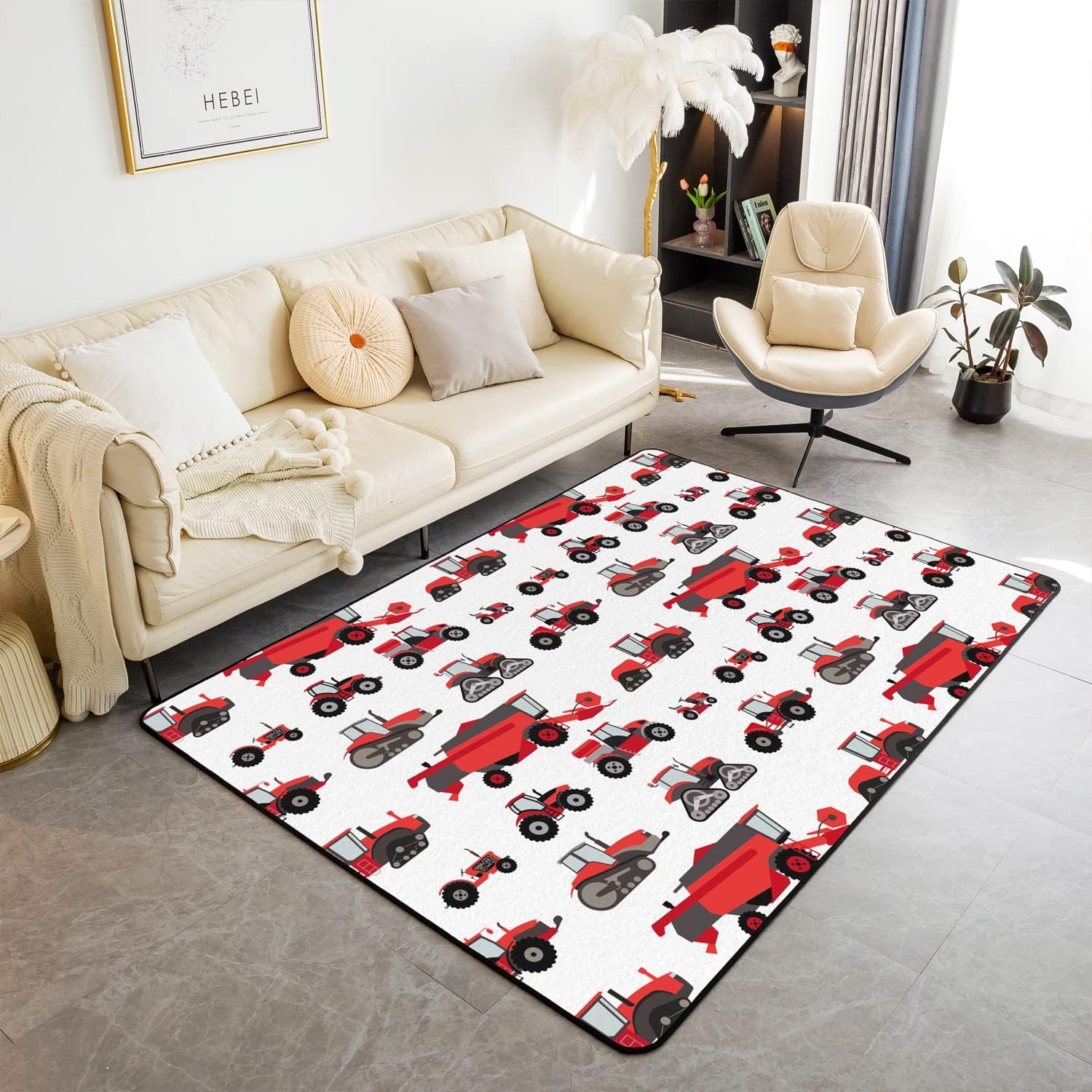 Red Tractor Rug 3x5' Heavy Equipment Truck Area Rug Kids Boys Girls