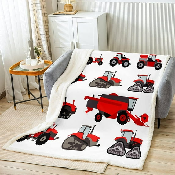 Red Tractor Sherpa Blanket Heavy Equipment Fleece Throw Blanket Kids Boys Girls Harvester Tractor Plush Blanket Farm Equipment Fuzzy Blanket for Sofa Bed Couch,Baby 30x40 Inches