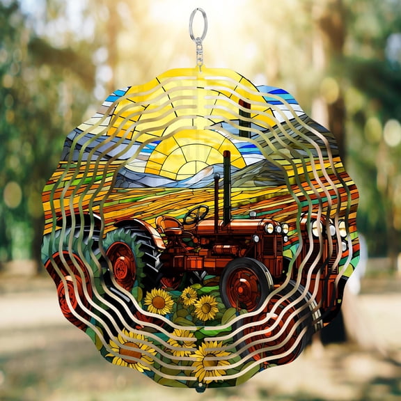 Red Tractor Stained Glass Farm 3D Wind Spinner Sublimation Country Hanging Decoration