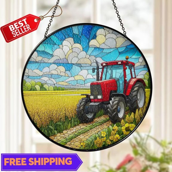 Red Tractor Stained Glass Suncatcher, Farm Scene Window Panel, Rustic Country Decor for Farmers, Barn Art, Agriculture Gift