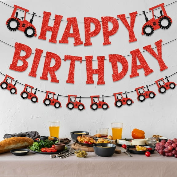 Red Tractor Theme Birthday Decorations, Glitter Tractor Happy Birthday Banner, Funny Farm Tractor Garland Banner for Kids Tractor Birthday Party Supplies