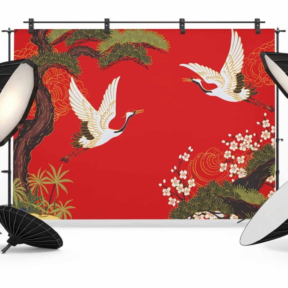 Red Traditional Backdrop for Photoshoot,Photography Photo Studio Background Wall Backdrop,Vintage Crane Pine Flowers Natural Back Drop Banner Panel for Portraits Wedding Party Live Streaming 8x6Ft