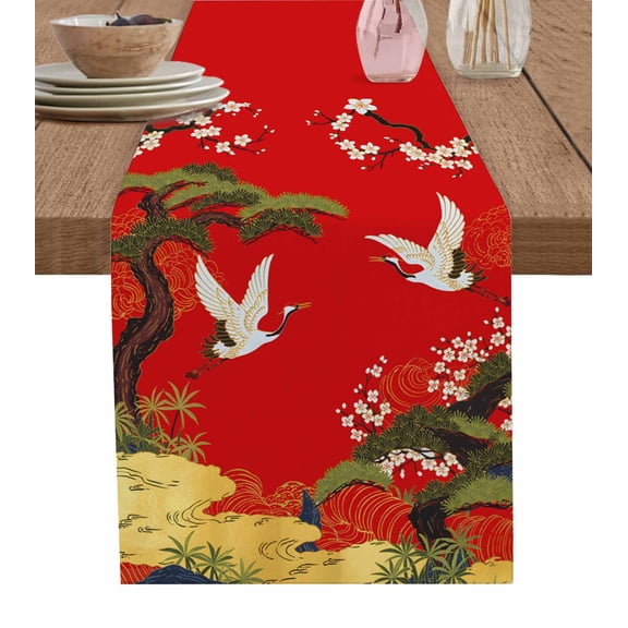 Red Traditional Burlap Cotton Table Runner 13x36 Inches Short, Vintage Crane Pine Flowers Natural Farmhouse Table Runners, Outdoor Dining Tablecloths Decor for Baby Shower/Party/Wedding