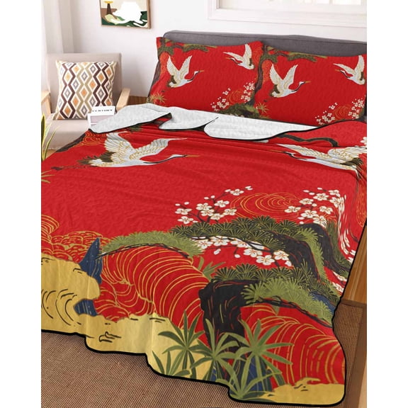 Red Traditional Full Size Down Alternative Comforter, Lightweight Comforter Quilt Bedding Set with Pillow Shams Vintage Crane Pine Flowers Natural All Seasons Bed Comforter Duvet Insert 78"x90"