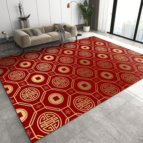 Red Traditional Golden Pattern Art Rug, Modern Geometry Hexagon Area Rug, Non Slip Easy Clean Washable No Crease Carpet For Bedroom Living Room Entryway Bath Room Office 5x7ft