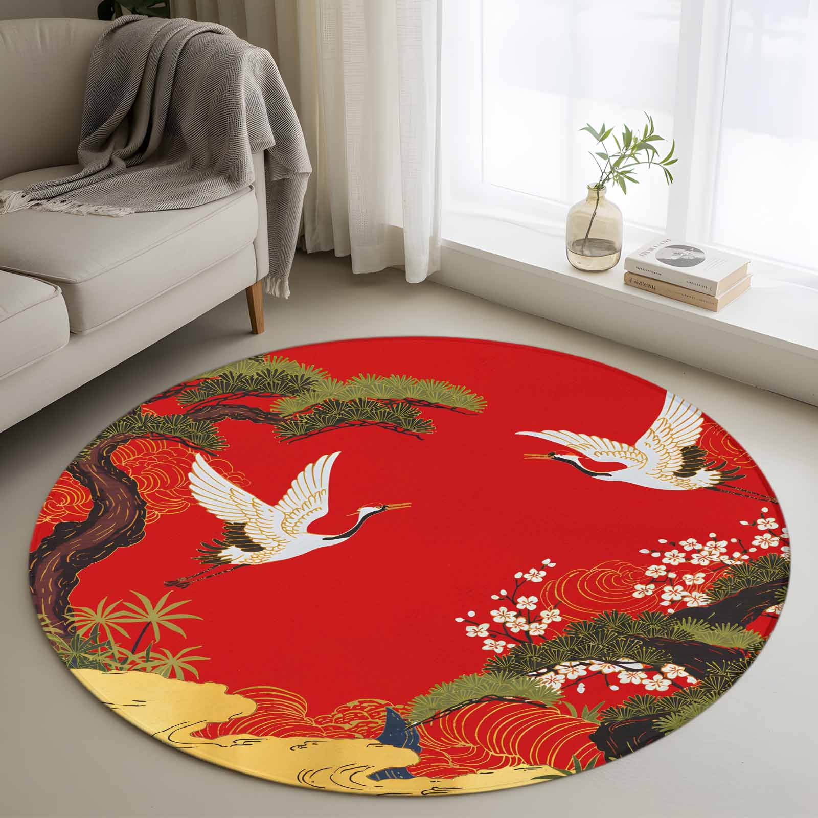 Red Traditional Round Area Rug 4 FT, Non Slip Indoor Outdoor Rug ...